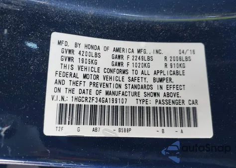 2016 Honda Accord Lx from USA, damaged, VIN 1HGCR2F34GA199107